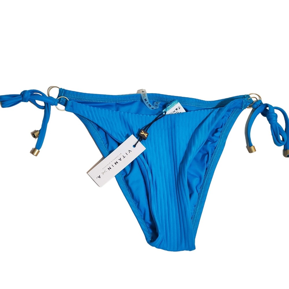 NEW Vitamin A Size 6/S Tara Tie Side Bikini Bottom only EcoRib Blue Cyan‎ Cheeky